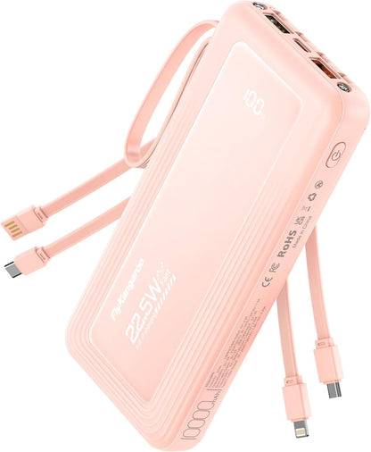 Portable Charger with Built in Cables, Slim 10000mAh Fast Charging 22.5W Power Bank USB C LED Display Battery Pack 6 Outputs & 2 Inputs for iPhone Samsung Pixel LG Moto iPad