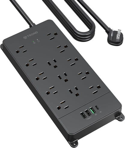 TROND Surge Protector Power Strip, 10ft Heavy Duty Extension Cord with 32W USB C & QC 3.0 Charger, 4000J, ETL Listed, 13 Wide Spaced Outlets, Flat Plug, Wall Mount for Home Office Supplies, Black