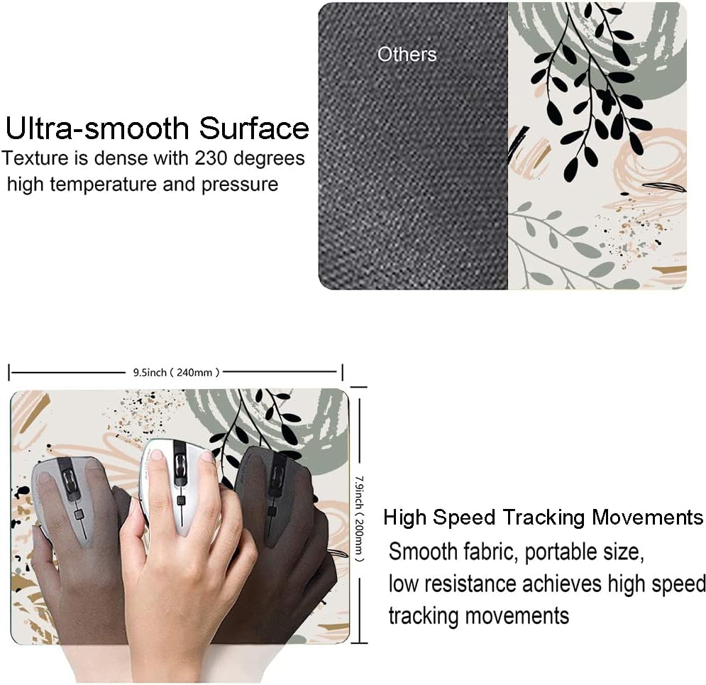Mouse Pad with Abstract Art Design, Square Waterproof Non-Slip Rubber Base Mouse Mat for Office Laptop, Modern Boho Leaves