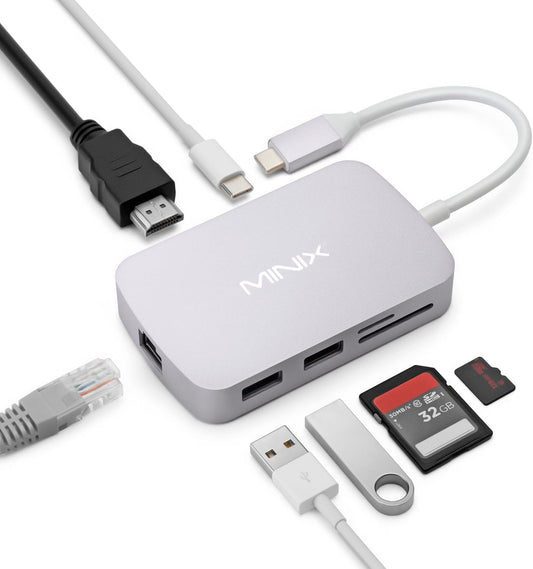 MINIX USB C Adapter, 7 in 1 USB C Hub with 4K 60Hz HDMI,Gigabit Ethernet, 2 USB 3.0, 100W PD Charging, SD/TF Card Reader, Compatible with MacBook Pro/Air, iPad Air/Pro, iMac, Laptop, PC, Grey