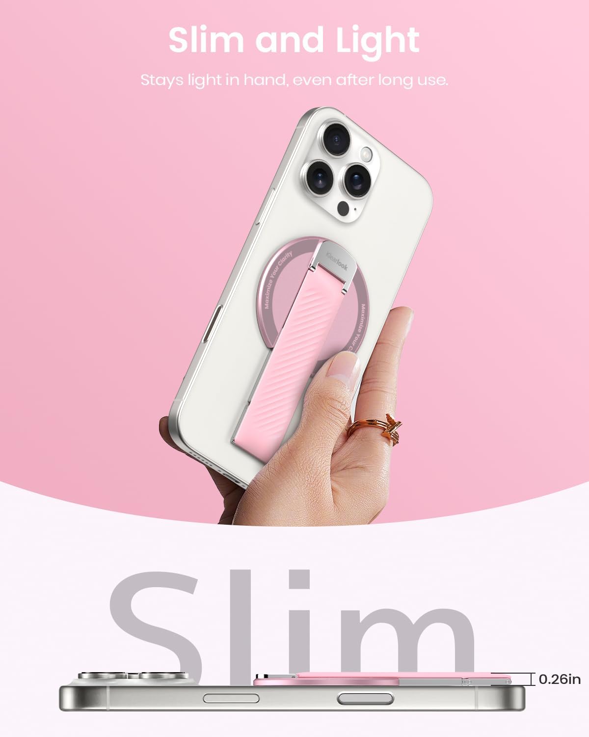 2025 Klearlook for MagSafe Phone Grip with Silicone Finger Strap, Removable Magnetic Phone Ring Holder with Adjustable Kickstand, Finger Phone Ring Grip for iPhone 16/15/14/13/12 Series, Pink