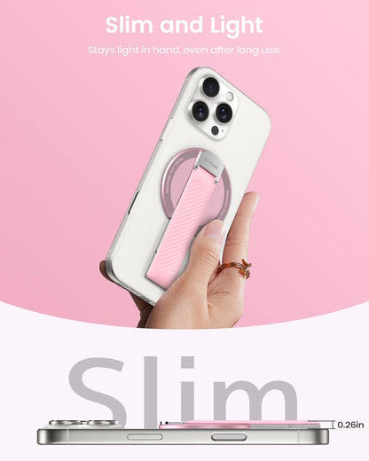 2025 Klearlook for MagSafe Phone Grip with Silicone Finger Strap, Removable Magnetic Phone Ring Holder with Adjustable Kickstand, Finger Phone Ring Grip for iPhone 16/15/14/13/12 Series, Pink