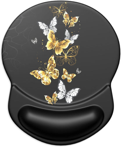ITNRSIIET Ergonomic Mouse Pad with Gel Wrist Support Small Wrist Rest Smooth Surface Non-Slip PU Base Comfortable Office Supplies Pain Relief, 8.7 x 7.2 inches, Golden Butterfly