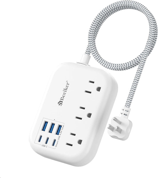 Short Extension Cord 2 Foot- 6 USB(3 USB C) Travel Power Strip with 24W USB Charging Station and 3 Outlets, 2ft Small Flat Plug Extension Cord Surge Protector for Travel Home College Dorm 13A