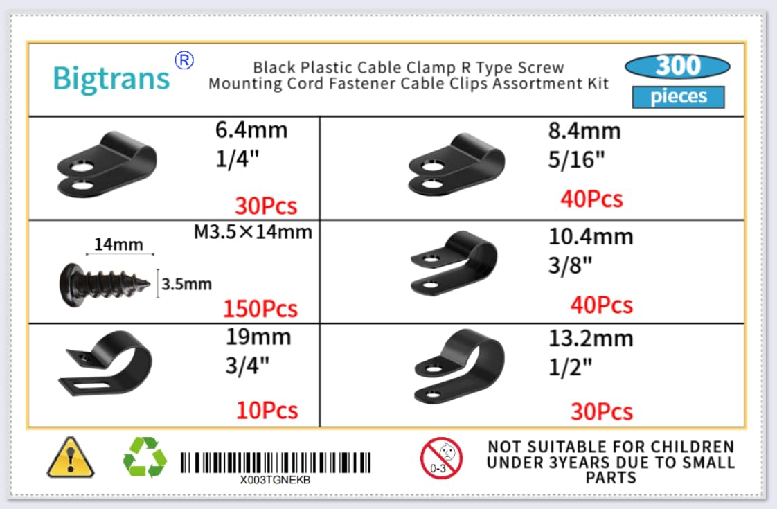 Bigtrans 300 Pcs Nylon Plastic R-Type Wire Clips with Screws 1/4" 5/16" 3/8" 1/2" 3/4" Clamps Fasteners Assortment for Cable Conduit -5 Size -Black