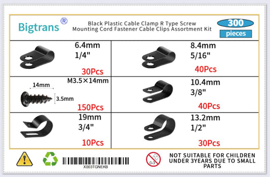 Bigtrans 300 Pcs Nylon Plastic R-Type Wire Clips with Screws 1/4" 5/16" 3/8" 1/2" 3/4" Clamps Fasteners Assortment for Cable Conduit -5 Size -Black