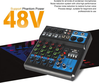 Mini audio DJ mixer Sound Board Console System,5 Channel 48V Phantom Power with Bluetooth USB MP3 Stereo live DJ Studio Streaming for professional recording party KTV stage