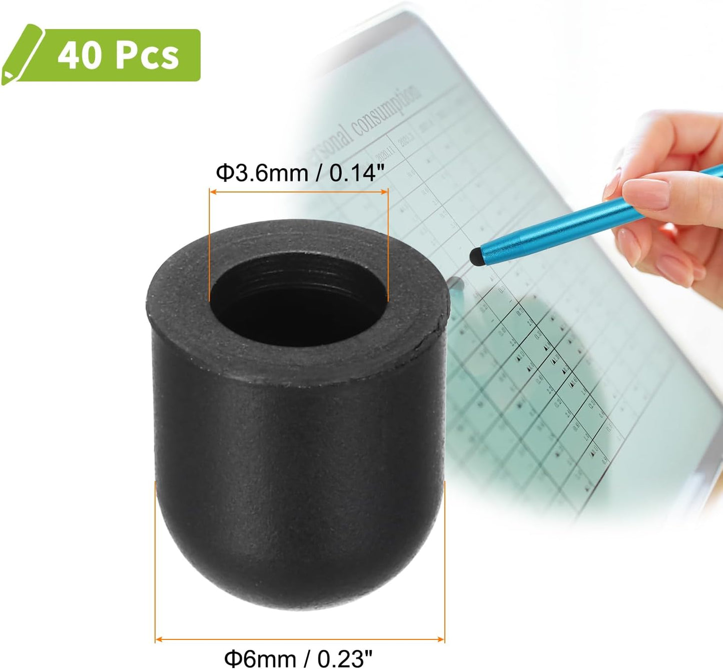 MECCANIXITY 40Pcs Replacement Stylus Pen Tips 6mm Conductive Capacitive Touch Screen Pens Tips Silicone Rubber, Black