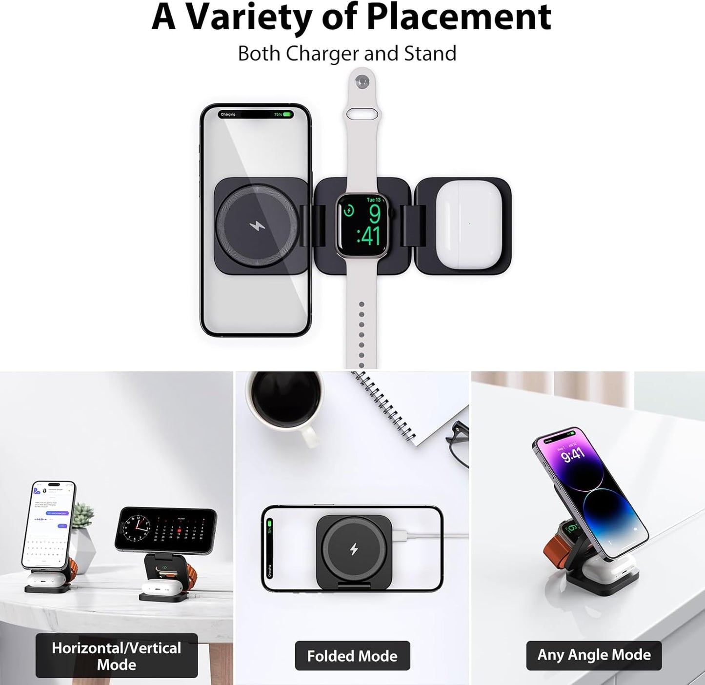 Fast Wireless Charger, Magnetic Foldable 3 in 1 Charging Station for iPhone 16/15/14/13/12/Pro/Plus/Pro Max, 5W Portable Charger for Apple Watch10/9/8/7/6/5/4/3/SE, for Airpods3/2/Pro-Black