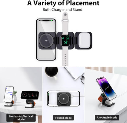 Fast Wireless Charger, Magnetic Foldable 3 in 1 Charging Station for iPhone 16/15/14/13/12/Pro/Plus/Pro Max, 5W Portable Charger for Apple Watch10/9/8/7/6/5/4/3/SE, for Airpods3/2/Pro-Black