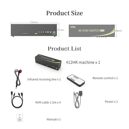 eKL HDMI KVM Switch 4 in 2 Out Dual Monitor Extended Display 4K@60Hz 4:4:4 with Audio and USB 2.0 Hub Sharing PC Monitor Keyboard Mouse Switcher