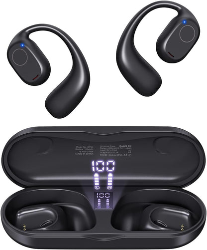 Open Ear Headphones, True Wireless Earbuds 40H Playtime Bone Conduction Headphones with Mic, Bluetooth 5.3 Over Ear Earbuds with Hooks & LED Display Charging Case, IPX6 for Sports (Black)