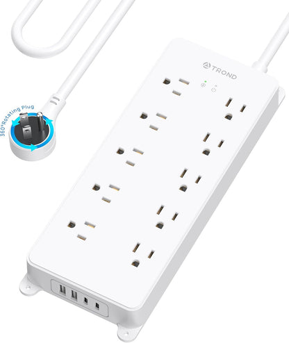 TROND 360° Rotating Plug Power Strip 10ft, Surge Protector with 2 USB A and 2 USB C, 10 Widely Spaced Outlets, 4000J, ETL Listed, Wall Mountable, for Home Office Entertainment, White