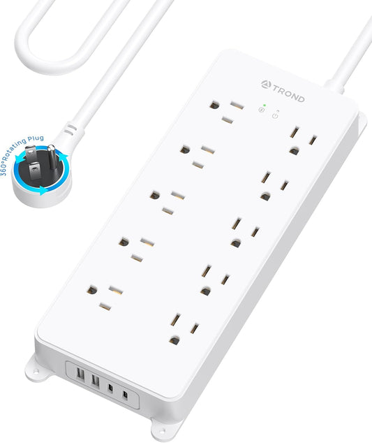 TROND 360° Rotating Plug Power Strip 10ft, Surge Protector with 2 USB A and 2 USB C, 10 Widely Spaced Outlets, 4000J, ETL Listed, Wall Mountable, for Home Office Entertainment, White