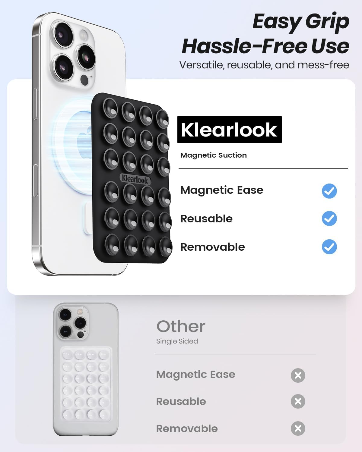 Klearlook 2Pack Magnetic Suction Phone Mount for MagSafe Case, Sticky Phone Grip Holder for iPhone, Removable Hands-Free Selfie/Video for TikTok Influencers, Women Girl Teen Gift, Transparent & Black