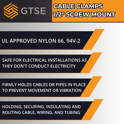GTSE Black Nylon Plastic Cable Clamps, 1/2" Screw Mounts for Cable, Rope, Tube Management, 100 Pack