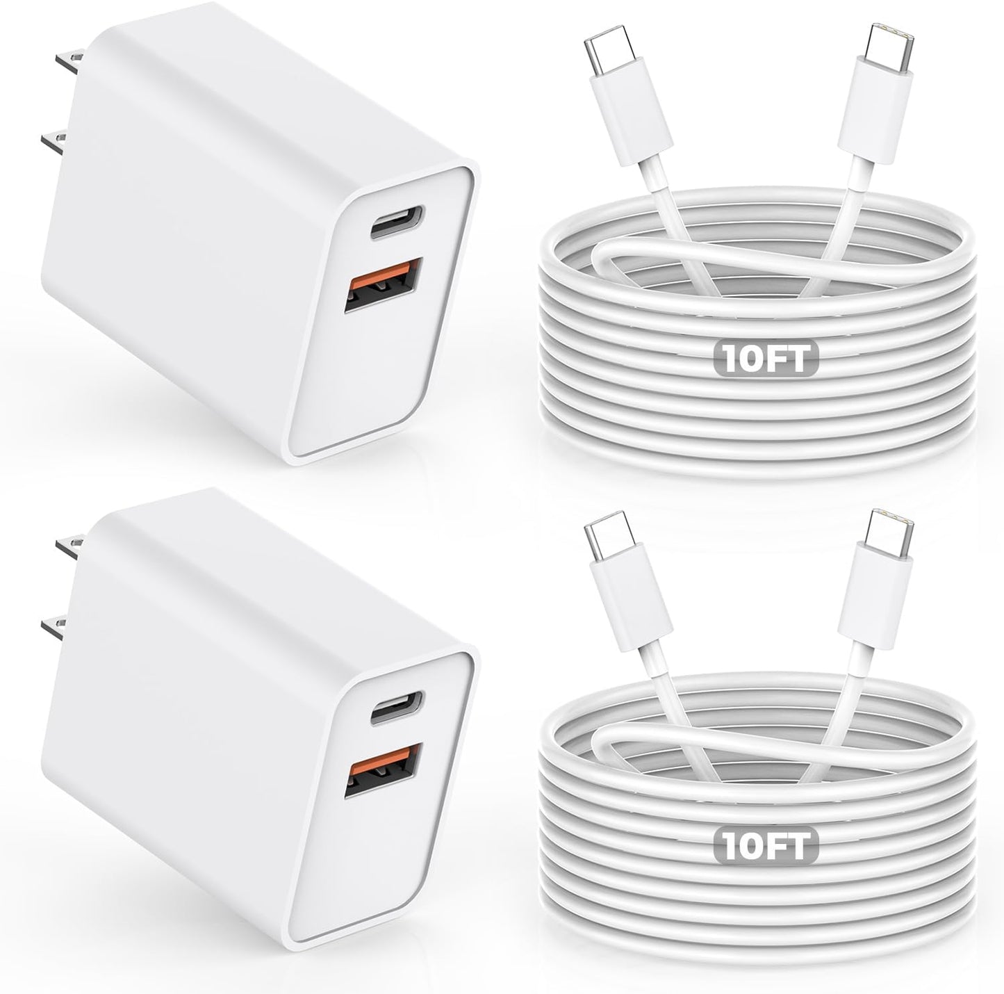 10FT iPhone 16e Fast Charger,2Pack 20W Dual Port USB C+A Power Adapter 10Foot Long USB C to C Fast Charging Cable Cord Quick Charging for iPhone 16e/16/16 Pro/15/15 Pro/Pro Max/Plus,iPad Pro/Air/Mini