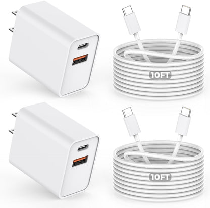 10FT iPhone 16e Fast Charger,2Pack 20W Dual Port USB C+A Power Adapter 10Foot Long USB C to C Fast Charging Cable Cord Quick Charging for iPhone 16e/16/16 Pro/15/15 Pro/Pro Max/Plus,iPad Pro/Air/Mini