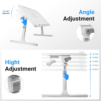 Laptop Lap Desk with Cooling Fan - Adjustable with Light, USB, Storage Drawer - Folding Bed Desk,23.62"*15.74",White