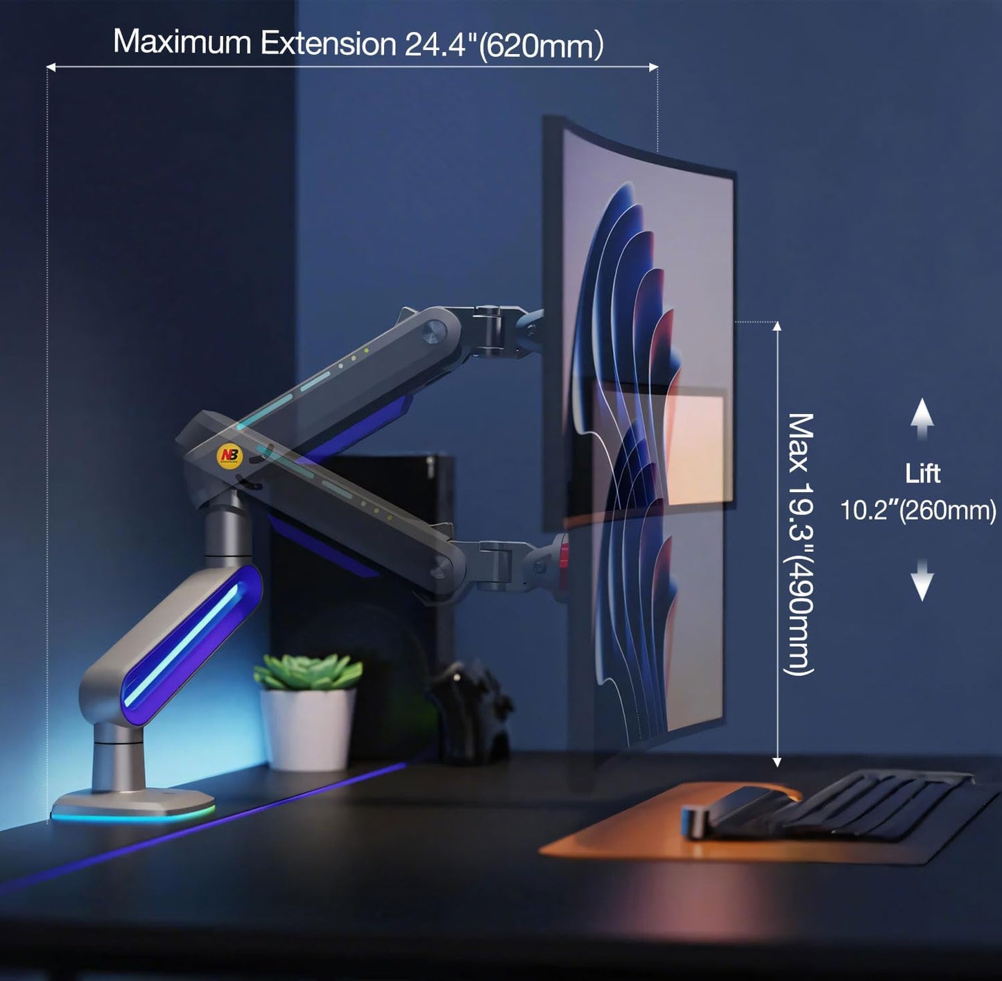 RGB Gaming Monitor-arm for Flat/Ultrawide/Curved Monitors 32 to 60 inch, Heavy Duty Stand Load up to 20 kg, VESA 75/100 mm Monitor-Mount G70-New