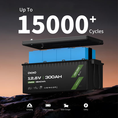 OKMO 12V 300Ah LiFePO4 Lithium Battery 3840Wh Rechargeable Lithium Battery with BMS 10 Years Lifetime 15000+ Deep Cycles,for Solar systerm,RV,Camping,Battery Backup,Marine and Home Energy Storage