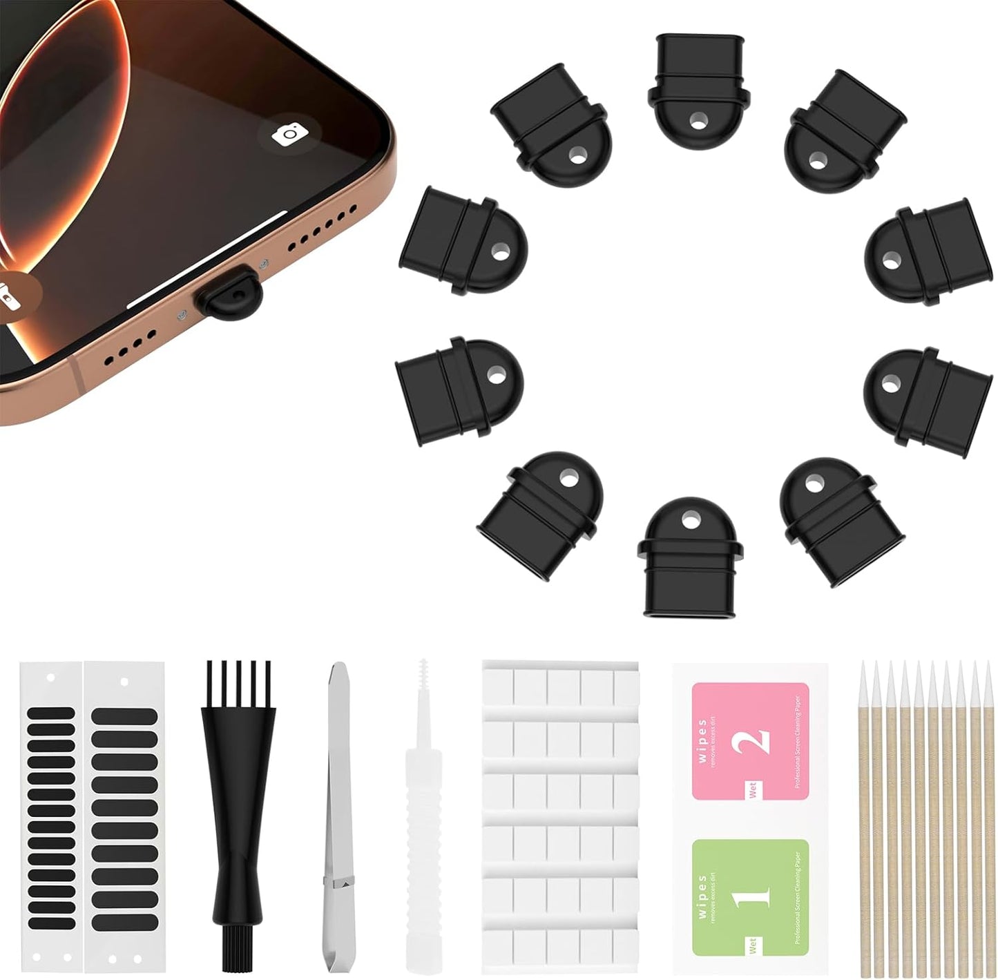 10PCS USB C with Grip Port Dust Plug, Easy Grip Dust Plug Cover, Type-C Dust Plug,Includes 8 Types Digital Product Cleaning and Protection Kits,for All Type C Ports,Compatible with iPhone 15 16