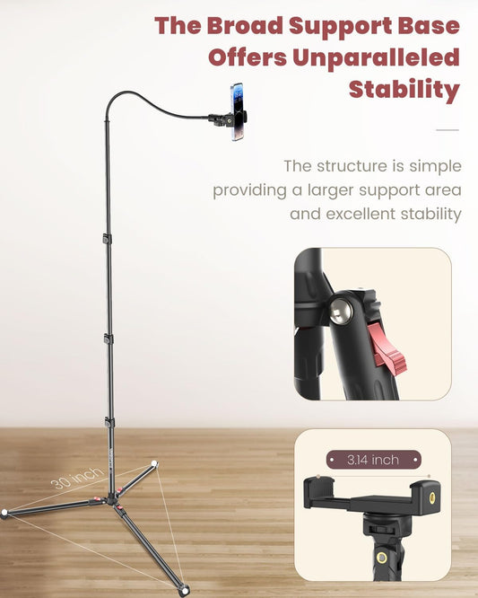 87" Phone Tripod, Overhead Flexible Tall Tripod Stand with Remote, Selfie Stick, Compatible with iPhone, 15.7" Gooseneck/Adjustable 360 Head, Gopro/Ring Light/Webcam/Video Recording/Vlogging