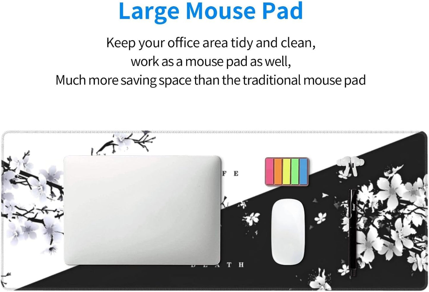 Japanese Life Death Keyboard Mat, Black White Japanese Anime Gaming Mouse Pad for Desk with Anti-Slip Rubber Base and Stitched Edges, Japanese Sakura Pagoda Sun Mouse Pad