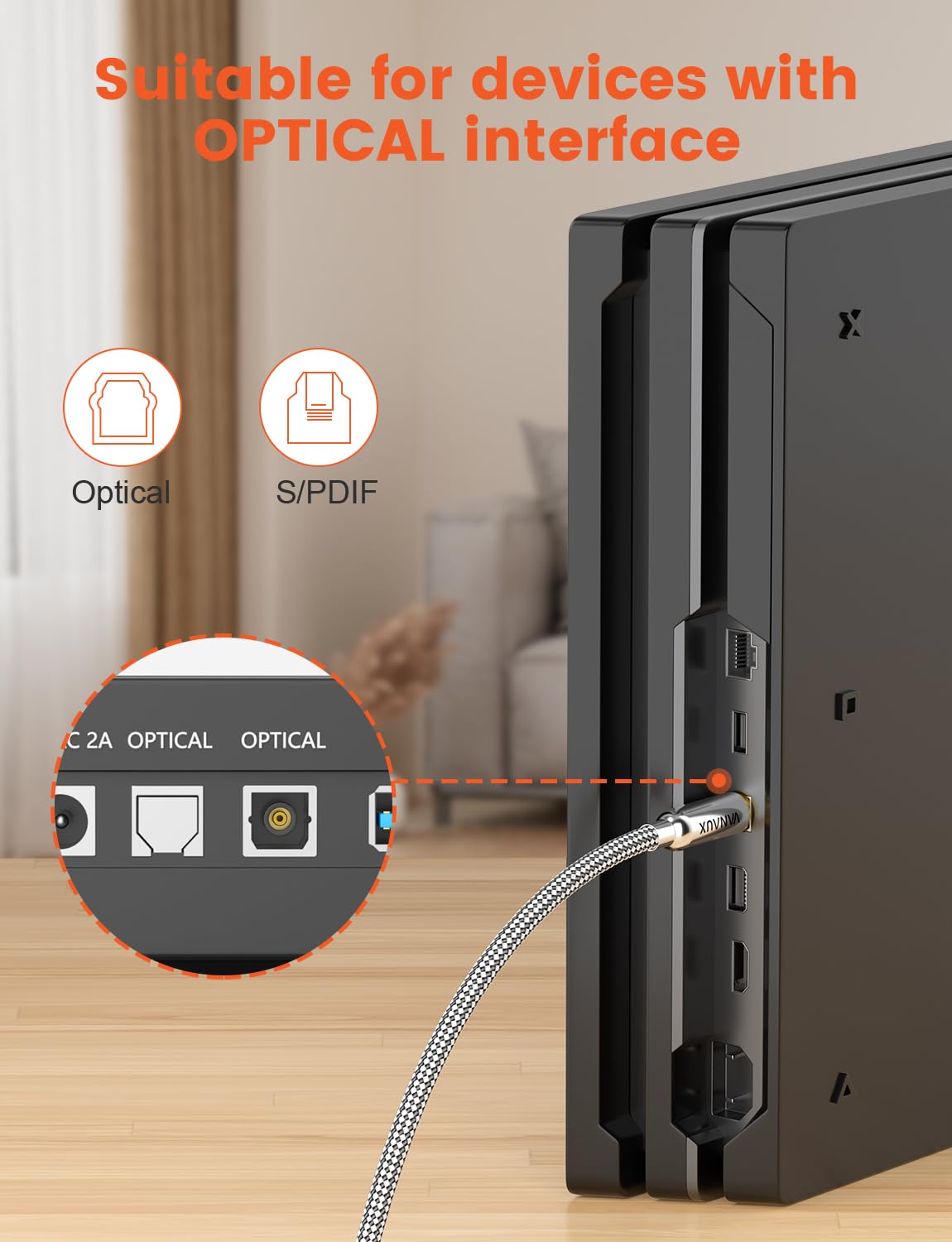 VANAUX Digital Optical Audio Cable 49FT (24K Gold Plated Connectors, Aluminum Alloy Shell,Braided Jacket) S/PDIF Toslink Cable Fiber Optic Cable for Home Theater, Soundbars, Gaming Consoles