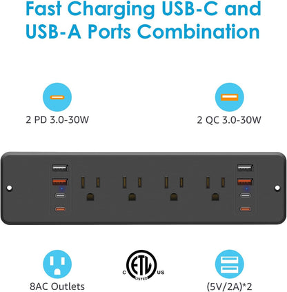 HHSOET 8 Outlet Recessed Power Strip, 30W Fast Charging Furniture Power Outlet USB C, Flush Mount Surge Protection Socket with 4 USB-A and 4 USB-C, 10ft Power Cord. (Black)