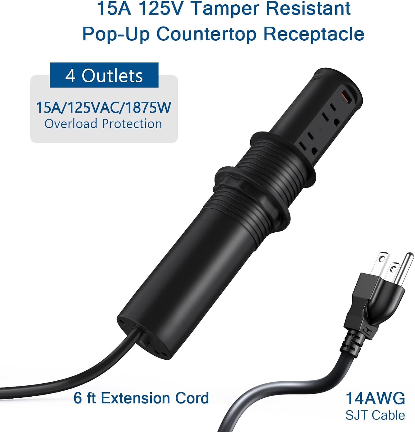 Pop up Outlet for Countertop,65W USB C Fast Charging Port,2.5-inch Hole Desktop Power Grommet,Recessed Power Strip,4 Outlets 4 USB Ports,15Amp Tamper Resistant Receptacle，ETL Listed (Black)