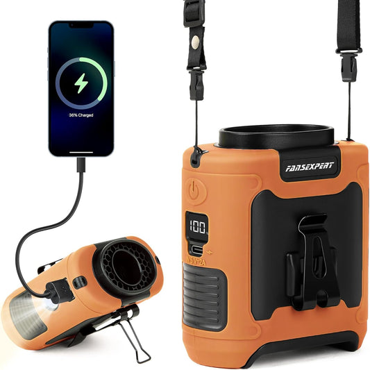 Portable Waist Fan Clip on, Personal Wearable Belt Fan 10000mAh Rechargeable Battery Under Shirt,5 Speeds with light, Neck Fan Hands-Free Cooling For Outdoor Camping Travel (Orange)