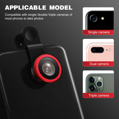 External Lens for Mobile Phone 3-in-1 Fisheye Macro Wide Angle Lens with Clip Aluminum Alloy Compatible with iPhone and Smartphones