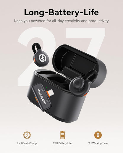 Hollyland Lark M2S Wireless Microphone with USB-C Plug for iPhone 15/16 and Android, Titanium Clip, Plug-and-Play, Noise Cancelling, 300m Range, 27H Battery Life for Vlogging, YouTube