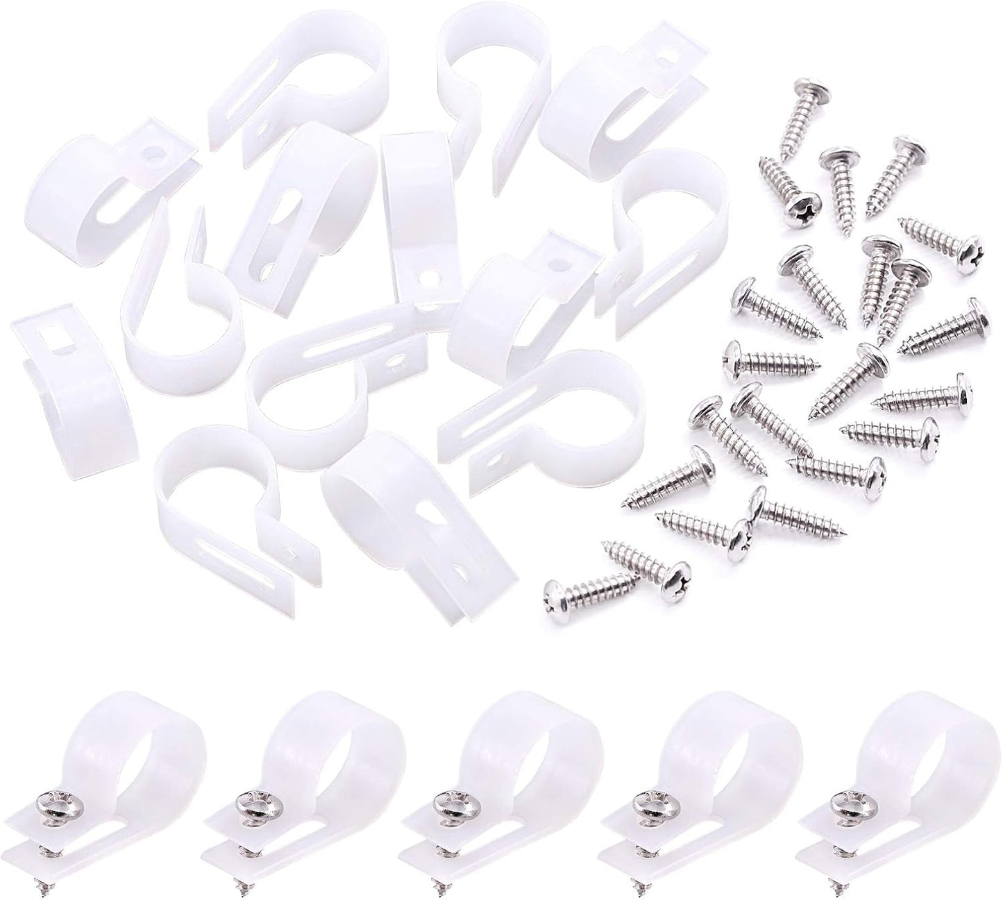 Swpeet 120 Pack White 3/4 Inch Nylon Plastic R-Type Cable Clips Clamp Kit, Nylon Screw Mounting Cord Fastener Clips with 120 Pack Screws for Wire Management (3/4 Inch, White)