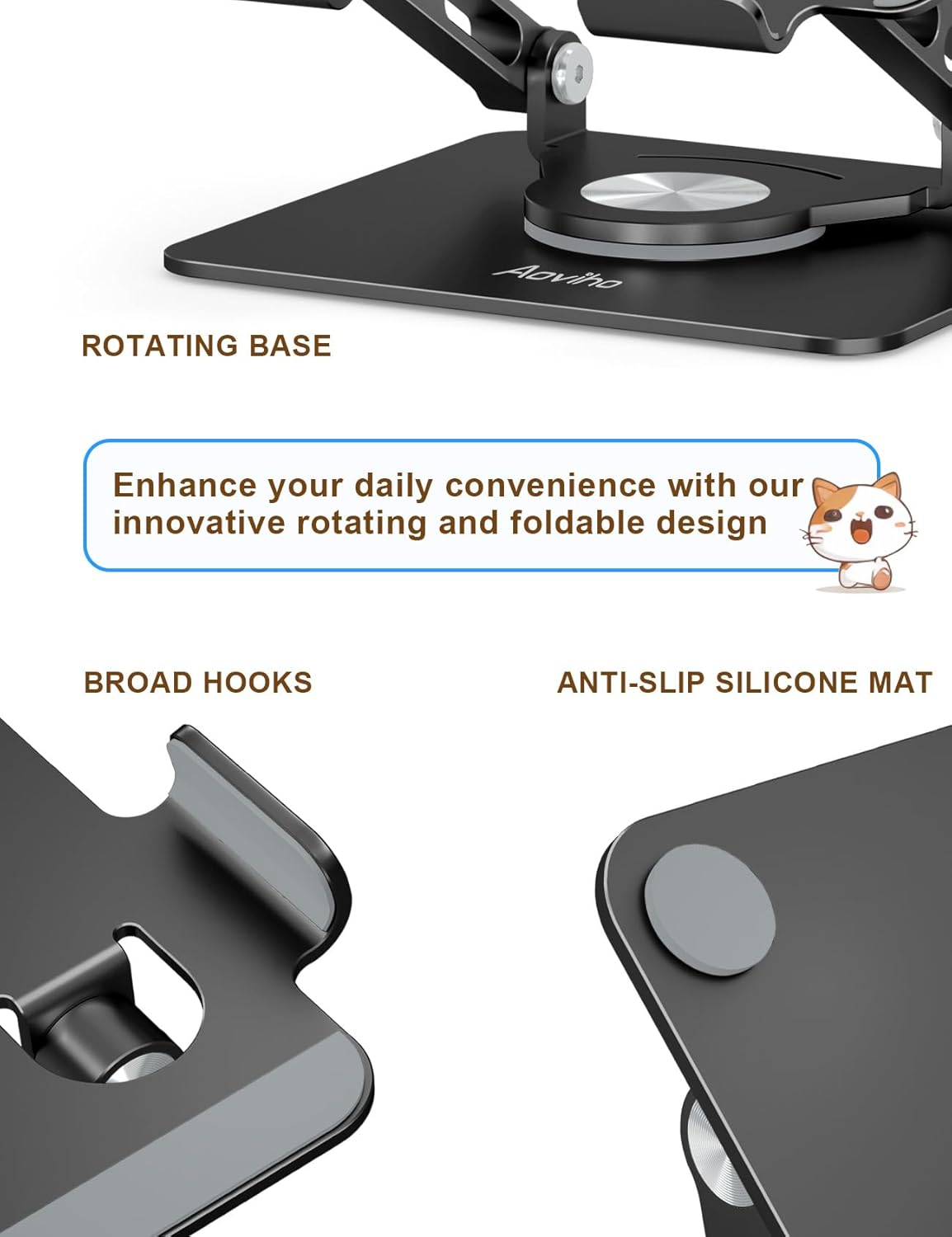 Tablet Stand 360° Rotating Aluminum Holder, Adjustable, Portable and Foldable Monitors Stand for iPads, Compatible with 4-12.9" Tablets, Ink Black