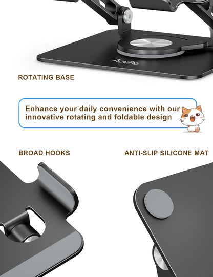 Tablet Stand 360° Rotating Aluminum Holder, Adjustable, Portable and Foldable Monitors Stand for iPads, Compatible with 4-12.9" Tablets, Ink Black