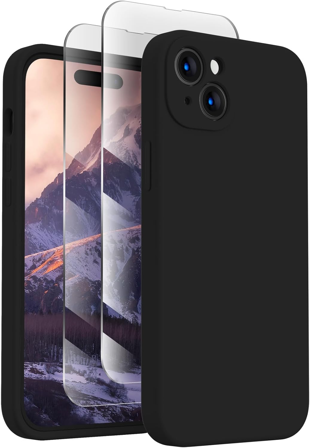 FireNova Designed for iPhone 15 Plus Case, Silicone [Camera Protection] Case with [2 Screen Protectors], Soft Anti-Scratch Microfiber Lining Inside, 6.7 inch, Black