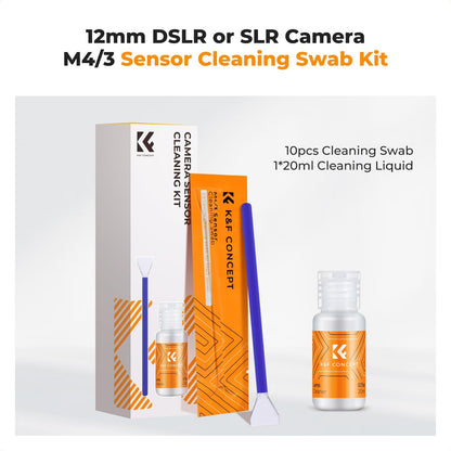 K&F CONCEPT 12mm Micro Four-Thirds 4/3 Sensor Cleaning Swab*10 + 20ml Sensor Cleaner, M43 Camera Cleaning Kit for All Models of M4/3 Camera Sensors, Including M4/3 Cameras from Olympus and Panasonic
