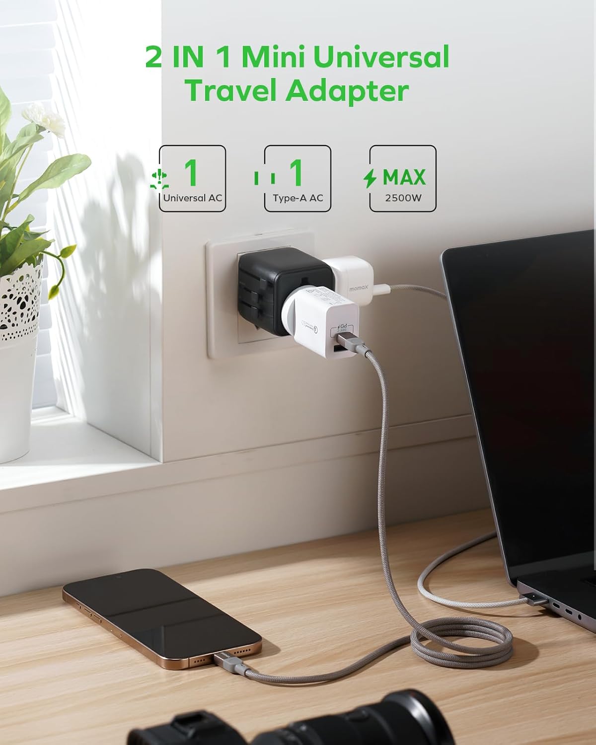MOMAX Mini Universal Travel Adapter Worldwide, 2 AC, All European Travel Plug Adapter UK, Travel Essentials for US to Europe Adaptor, All-in-One Wall Charger for AUS JP (No USB Port)
