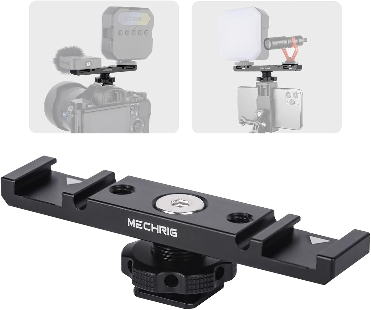 Dual Cold Shoe Extension Bar Mount, Aluminum Dual Hot Shoe Mount Bracket with 1/4" Thread & Cable Slot, Cold Shoe Bracket for DSLR Camera LED Video Light Microphone Monitor (62034)