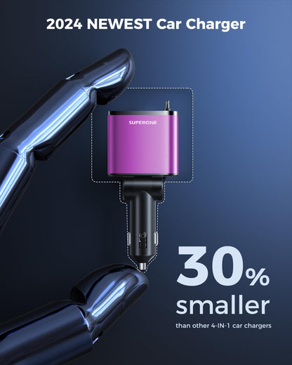 [2024 Upgraded] 4 in 1 Retractable Car Charger, SUPERONE Smaller Fast Car Phone Charger 69W with Cord, USB C and iPhone Car Charger Adapter, Compatible iPhone 15/15 Pro Max/14/13/12/11, Sumsung