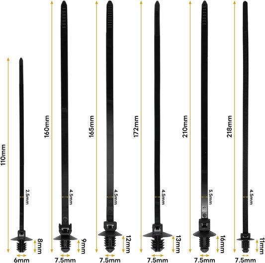 240 Pcs Push Mount Cable Ties Assorted Sizes, Black Nylon Push Mount Zip Ties Wire Harness Clips, 6-Types Snap in Zip Ties Self Locking Automotive Wire Ties for Wire Tying, Automotive