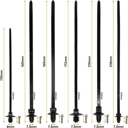 120 Pcs Push Mount Cable Ties Assorted Sizes, Black Nylon Push Mount Zip Ties Wire Harness Clips, 6-Types Snap in Zip Ties Self Locking Automotive Wire Ties for Wire Tying, Automotive