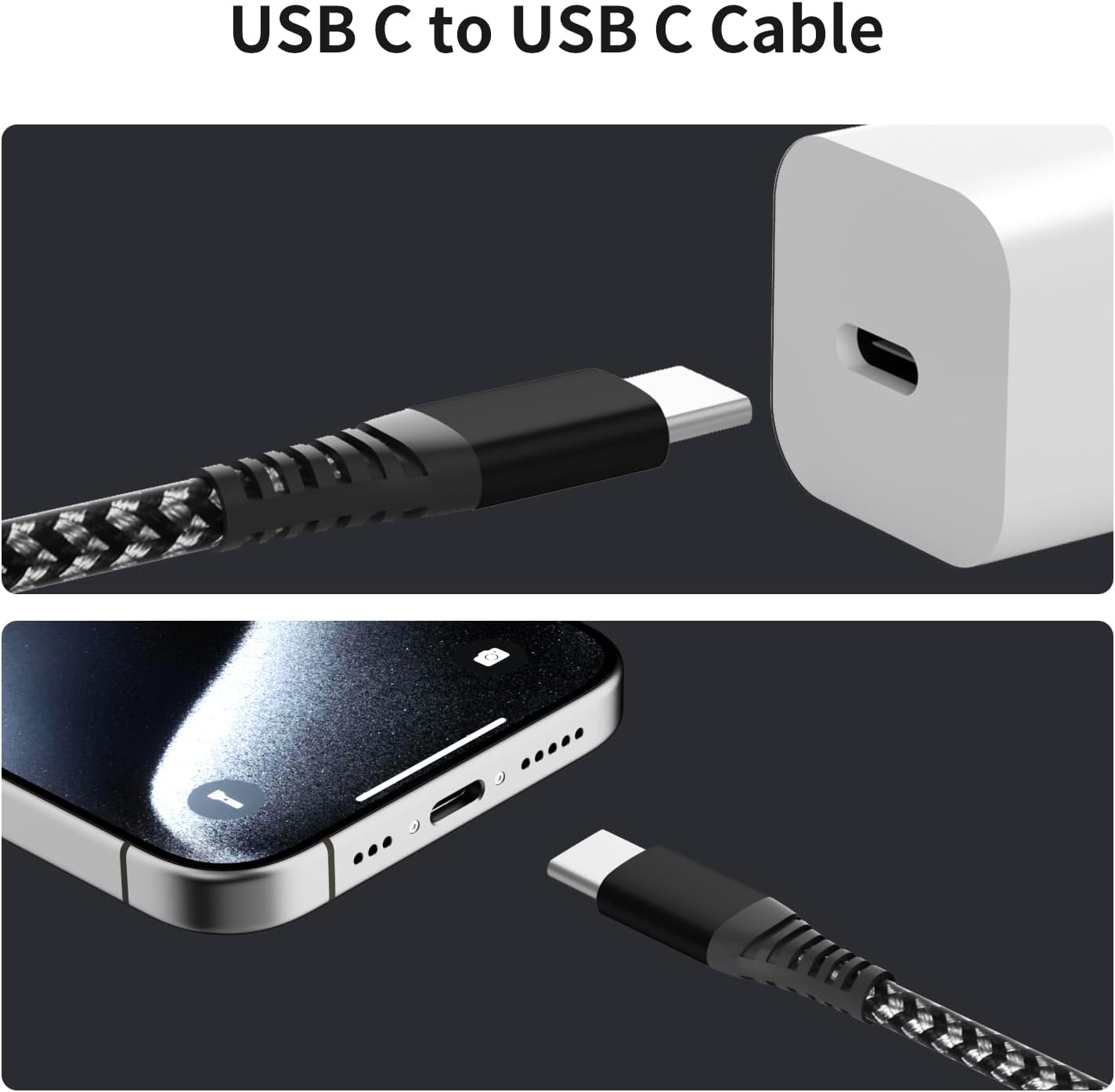 USB C to USB C Cable 60W(3A), Nylon Braided Type-C Charger Cable Fast Charging for iPhone 15 Pro Max Plus/Samsung S23, Switch, Pad and More(3FT 3Pack)