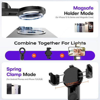 Magnetic Mini Phone Selfie Stick with 2 Fill Light, 360° Rotation Portable Phone Travel Tripod with Remote Control,Magnetic Chuck ＆ Clip Selfie Stick for iPhone Android TIK Tok/Live/Video Recording