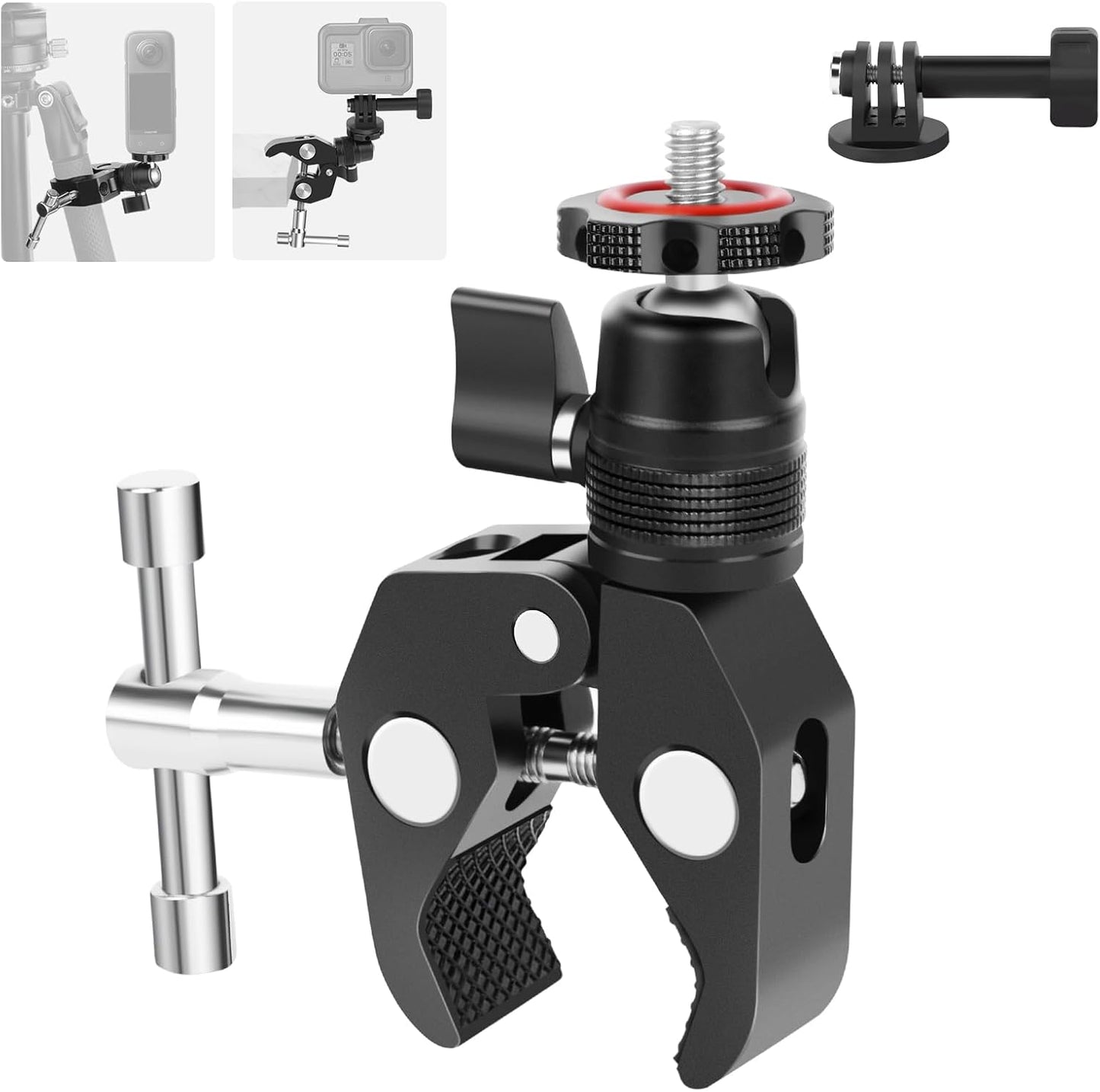Super Clamp Camera Mount with 360° Mini Ball Head, Aluminum Desk Tube Crab Clamp for Monitor/Light/Mic, Bike/Motorcycle Handlebar Mount for Go Pro/Insta360/DJI Action Camera (SY012)