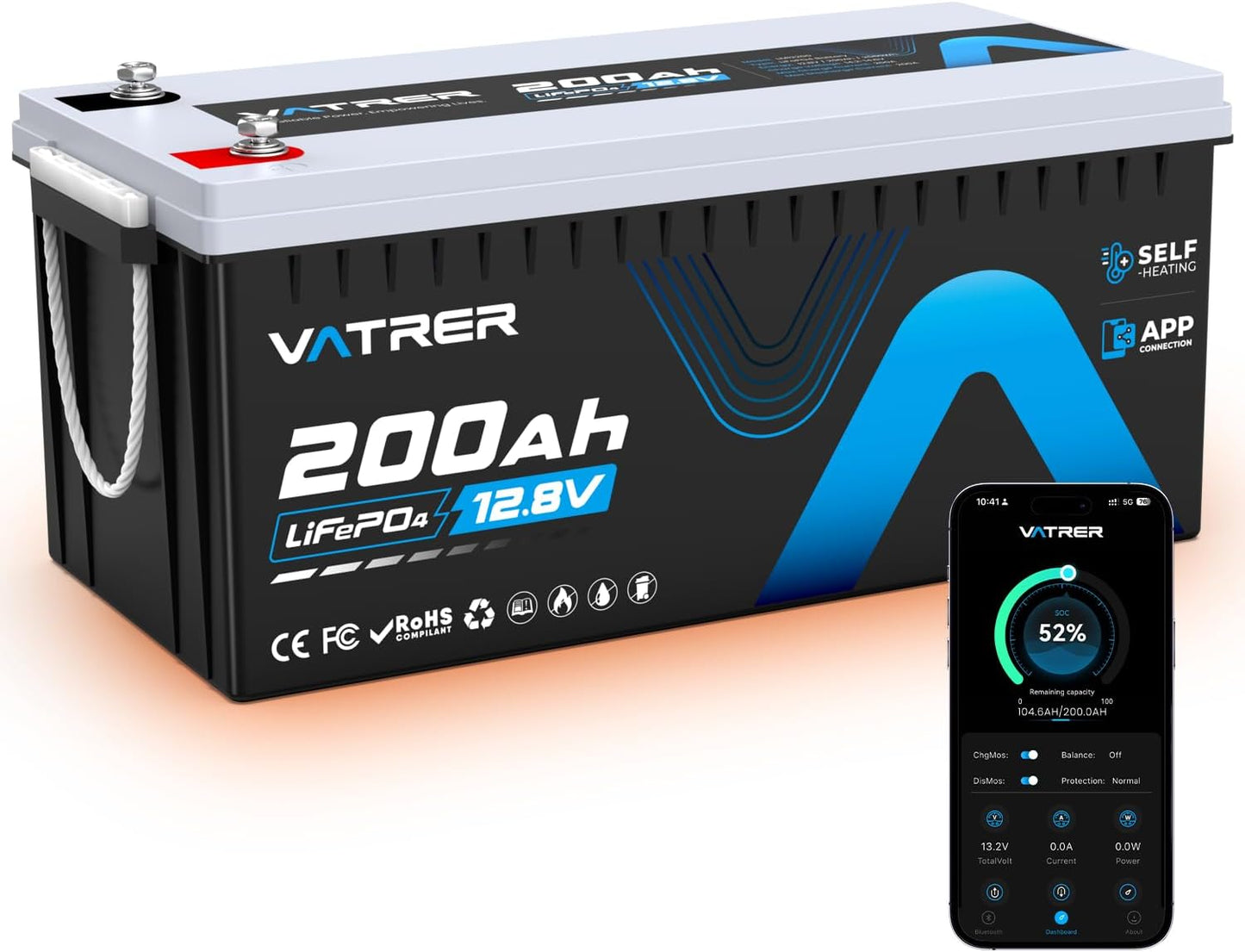 12V 200AH Bluetooth LiFePO4 Lithium Battery with Self-Heating, Built-in 200A BMS, Supports Low Temp Charging(-4°F), 5000+ Cycles, Perfect for RV/Camper, Solar, and Off-Grid Applications, etc.