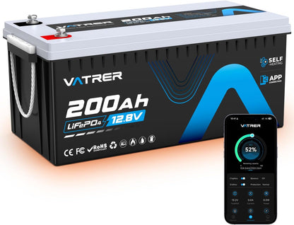 12V 200AH Bluetooth LiFePO4 Lithium Battery with Self-Heating, Built-in 200A BMS, Supports Low Temp Charging(-4°F), 5000+ Cycles, Perfect for RV/Camper, Solar, and Off-Grid Applications, etc.
