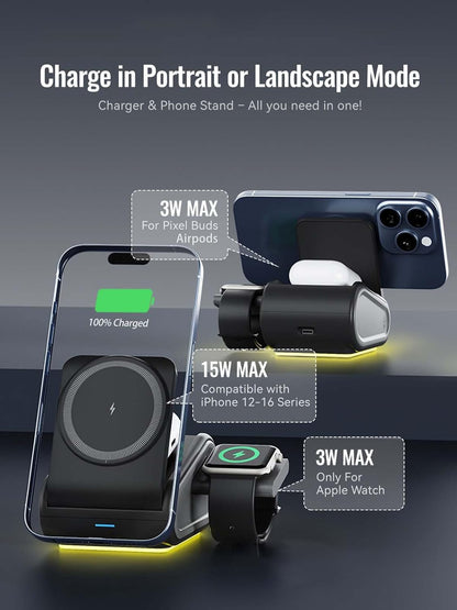 4 in 1 Wireless Charger for iPhone, Mag-Safe Charger for iPhone 16/15/14 Series, Airpods Pro 2, iWatch Series 10/9/8/7, Foldable Charging Station for Apple Multiple Devices